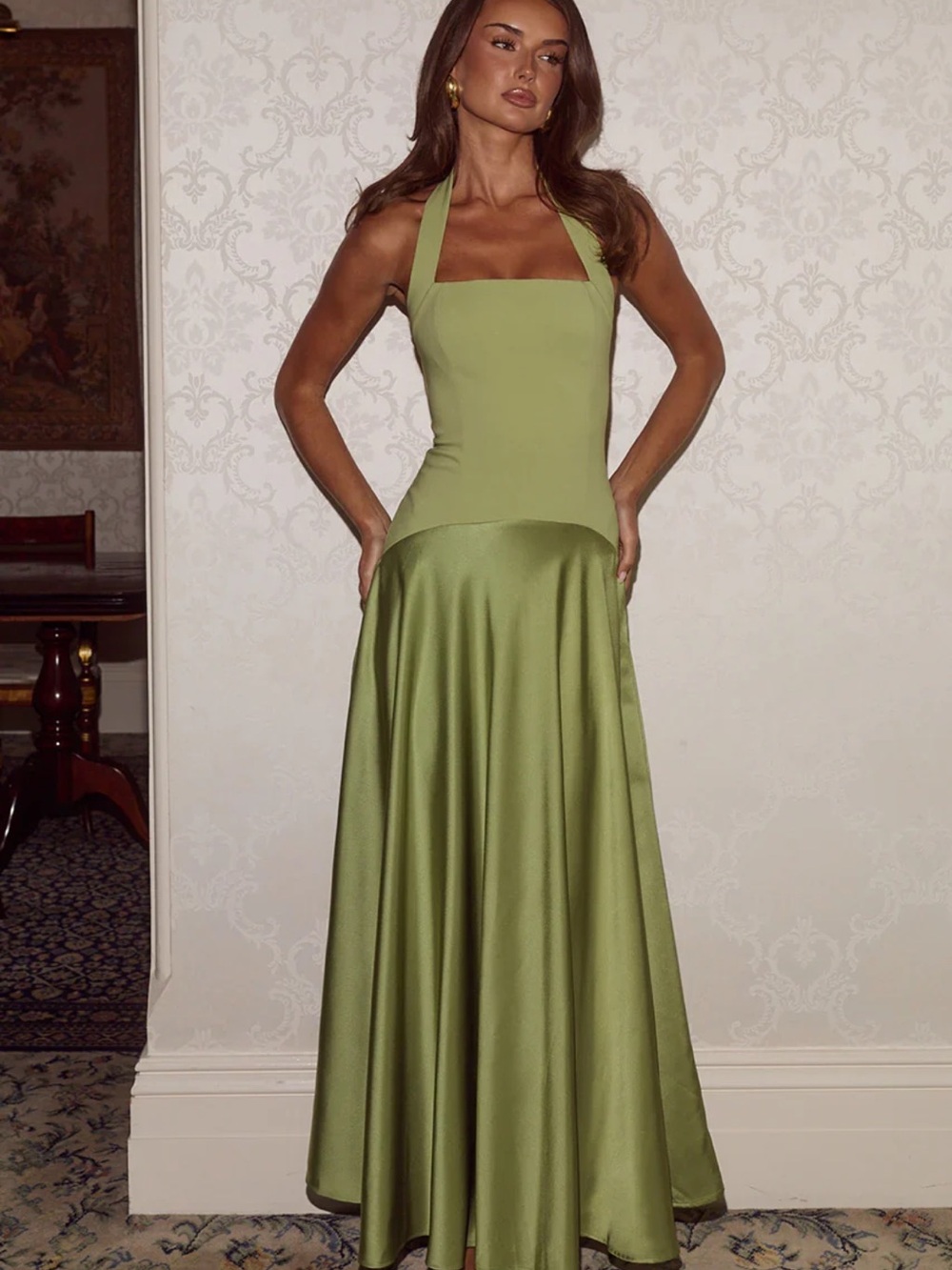 Olive Halter Satin-Blend Maxi Dress